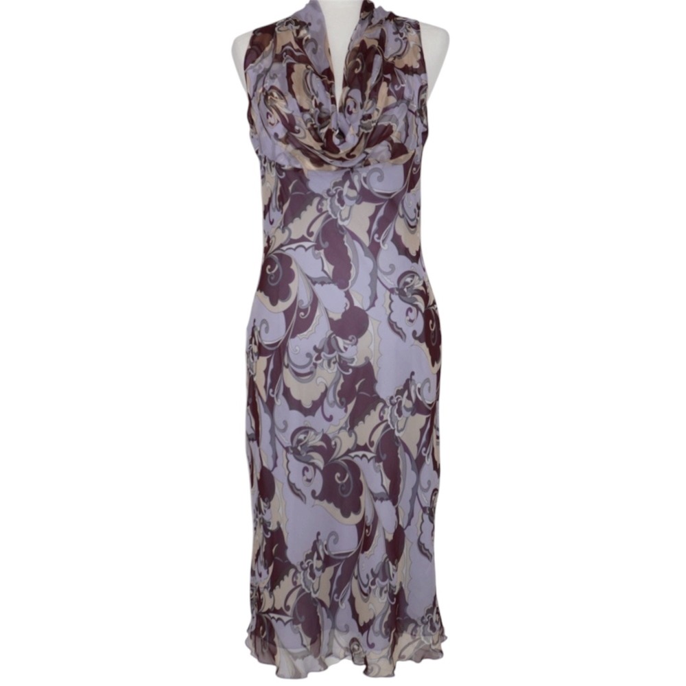 Vintage Silk Cowl Neck Midi Dress Purple Abstract Sleeveless 10 Y2K Fairygrunge
